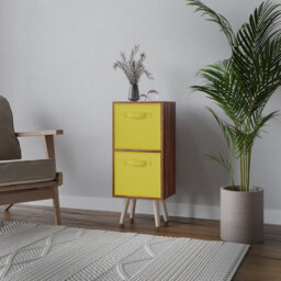 Urbn-Living Urbnliving 54Cm Height Teak Wooden 2 Tier Storage Bookcase Pine Legs Bedroom Yellow Inserts