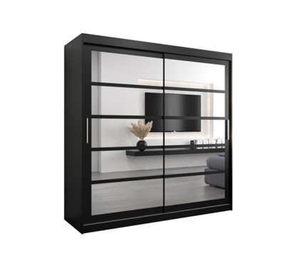 Arte Sophisticated Black Sliding Door Wardrobe H2000mm W2000mm D620mm With Mirrored Panels And Silver Handles - image 1