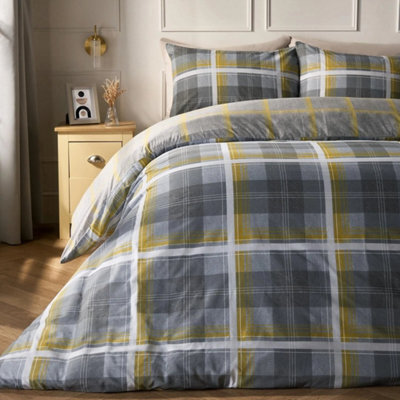 Double  Ochre Yellow Charcoal Grey Duvet Cover With Pillowcase Tartan Bedding Set Ochre Grey - image 1