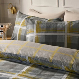 Double  Ochre Yellow Charcoal Grey Duvet Cover With Pillowcase Tartan Bedding Set Ochre Grey - thumbnail 4