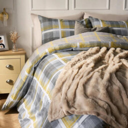 Double  Ochre Yellow Charcoal Grey Duvet Cover With Pillowcase Tartan Bedding Set Ochre Grey - thumbnail 2