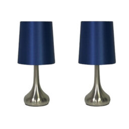 Navilux Modern Chrome Teardrop Touch Table Lamp Navy Faux Silk Shade 4-Stage Dimmable Silver Brushed Pair Lamps Energy Class F - thumbnail 1