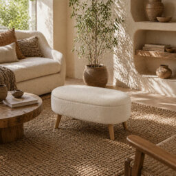 Wyld Haus Molasa Boucle Cream White Storage Ottoman - Teddy Fleece With Natural Wooden Legs - thumbnail 1