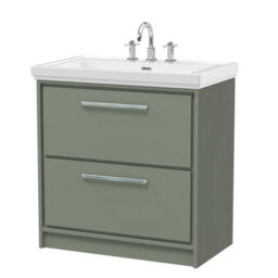 Balterley Longnor Modern Bathroom Floor Standing 2-Drawer Vanity Unit With Fireclay Basin, Fern Green, 800mm - thumbnail 1