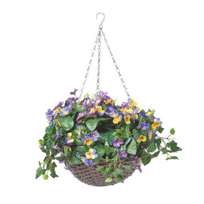 Homescapes Artificial Purple & Yellow Handcrafted Pansy Hanging Basket, 60 Cm - image 1