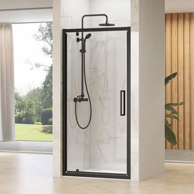 Synergy Designer Black Shower Door 800 X 800mm, Tray & Waste Set Pivot Hinge En-Suite Glass - image 1
