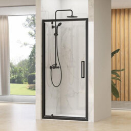Synergy Designer Black Shower Door 800 X 800mm, Tray & Waste Set Pivot Hinge En-Suite Glass - thumbnail 1