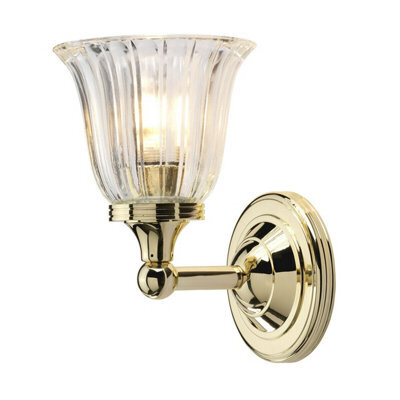 Stylish Ip44 Ribbed Glass Wall Light With Polished Brass Finish And Led Bulb