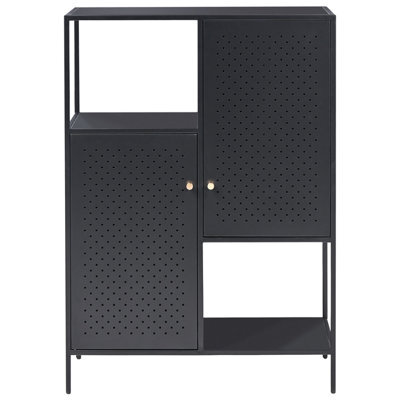 Wyld And Coco Black Powder-Coated Steel Storage Cabinet With Perforated Doors, 6 Shelves, Compact Office Unit (W76 X D35 X H106Cm) - image 1