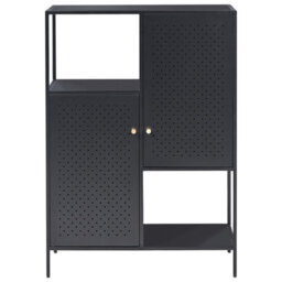Wyld And Coco Black Powder-Coated Steel Storage Cabinet With Perforated Doors, 6 Shelves, Compact Office Unit (W76 X D35 X H106Cm) - thumbnail 1