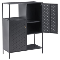 Wyld And Coco Black Powder-Coated Steel Storage Cabinet With Perforated Doors, 6 Shelves, Compact Office Unit (W76 X D35 X H106Cm) - thumbnail 5
