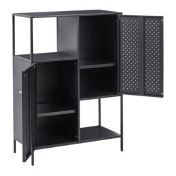 Wyld And Coco Black Powder-Coated Steel Storage Cabinet With Perforated Doors, 6 Shelves, Compact Office Unit (W76 X D35 X H106Cm) - thumbnail 6