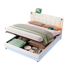 Matteo 4Ft6 Double Beige Velvet Ottoman Bed Frame With Led Lights & Usb/type-C Charging & Adjustable Headboard - thumbnail 9