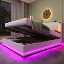 Matteo 4Ft6 Double Beige Velvet Ottoman Bed Frame With Led Lights & Usb/type-C Charging & Adjustable Headboard - thumbnail 5