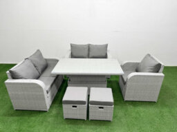 Fimous High Back Poly Rattan Garden Furniture Set Reclining Chair Loveseat Sofa Indoor Outdoor Set 2 Stool Light Grey - thumbnail 1
