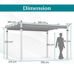 Costway 3.6 X 3 M Outdoor Pergola W/ Retractable Canopy Patio Pavilion Metal Shelter-Grey - thumbnail 2