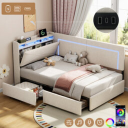 Btm 3Ft Daybed With 2 Drawers, Led Storage Headboard And Charging Station, Linen Sofa Bed, Beige, 90X190Cm - thumbnail 1