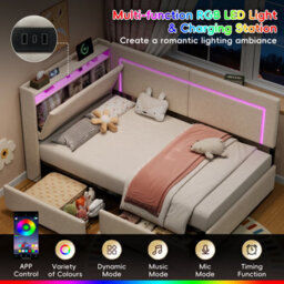 Btm 3Ft Daybed With 2 Drawers, Led Storage Headboard And Charging Station, Linen Sofa Bed, Beige, 90X190Cm - thumbnail 7