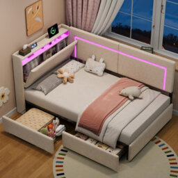Btm 3Ft Daybed With 2 Drawers, Led Storage Headboard And Charging Station, Linen Sofa Bed, Beige, 90X190Cm - thumbnail 4