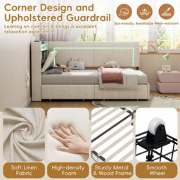 Btm 3Ft Daybed With 2 Drawers, Led Storage Headboard And Charging Station, Linen Sofa Bed, Beige, 90X190Cm - thumbnail 8