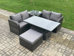 Fimous Outdoor Rattan Furniture Garden Dining Set Height Adjustable Rising Lifting Table Love Sofa Set With Side Table - thumbnail 2