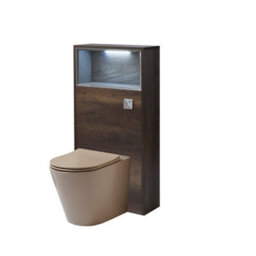 Homestylestore 600mm Dark Oak Floorstanding Bathroom Wc Unit Led Lit Shelf Sand Toilet And Chrome Flush Button