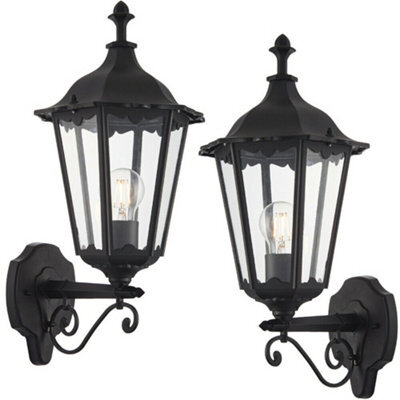 2 Pack Ip44 Outdoor Wall Light Matt Black & Glass Traditional Lantern Dimmable - image 1
