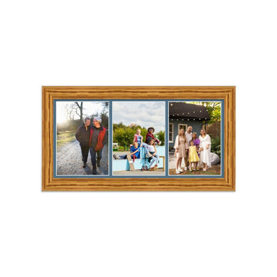AK Frames 16X8 Oak Classic Multi Photo Frame With Pompadour Mount - Holds 3 Apertures (3X) 7X5 Photos - image 1