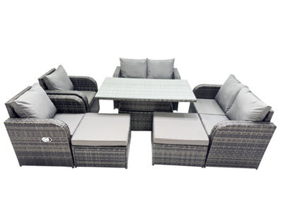 Fimous 8-Seater Patio Height Adjustable Rising Lifting Table Sofa Sets Rattan Garden Furniture Dining Set With 2 Big Footstool - image 1