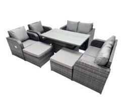 Fimous 8-Seater Patio Height Adjustable Rising Lifting Table Sofa Sets Rattan Garden Furniture Dining Set With 2 Big Footstool - thumbnail 2