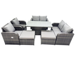 Fimous 8-Seater Patio Height Adjustable Rising Lifting Table Sofa Sets Rattan Garden Furniture Dining Set With 2 Big Footstool - thumbnail 1
