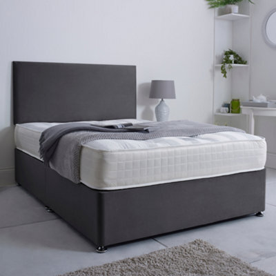 Bsspoke Ivy Divan Bed Set In Steel Plush Velvet With 24Inch Headboard & 2 Drawers Same Side & Mattress In All Sizes