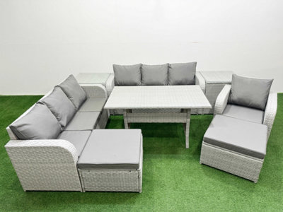 Fimous 9 Seater Poly Rattan Outdoor Garden Furniture Rectangular Dining Table Sofa Set 3 Seater Sofa 2 Big Footstool 2 Side Table - image 1