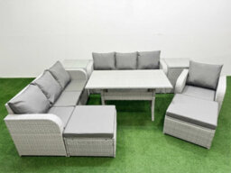 Fimous 9 Seater Poly Rattan Outdoor Garden Furniture Rectangular Dining Table Sofa Set 3 Seater Sofa 2 Big Footstool 2 Side Table - thumbnail 1