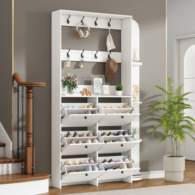Matteo White Entryway Shoe Cabinet With 6 Flip Drawers, 8 Hooks & Storage Shelves, 200Cm Tall - image 1