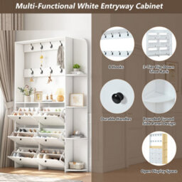 Matteo White Entryway Shoe Cabinet With 6 Flip Drawers, 8 Hooks & Storage Shelves, 200Cm Tall - thumbnail 7
