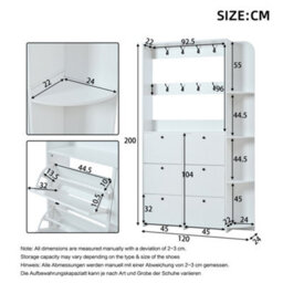 Matteo White Entryway Shoe Cabinet With 6 Flip Drawers, 8 Hooks & Storage Shelves, 200Cm Tall - thumbnail 4