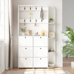 Matteo White Entryway Shoe Cabinet With 6 Flip Drawers, 8 Hooks & Storage Shelves, 200Cm Tall - thumbnail 5