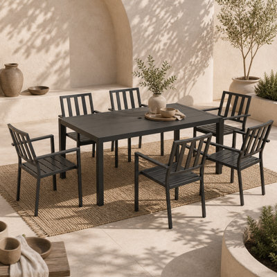 Wyld Haus Tatare 7-Piece Metal Garden Dining Set - 6 Chairs And Rectangular Table With 50mm Parasol Hole, Black - image 1