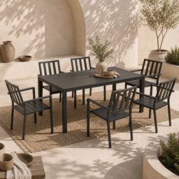 Wyld Haus Tatare 7-Piece Metal Garden Dining Set - 6 Chairs And Rectangular Table With 50mm Parasol Hole, Black - thumbnail 1