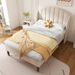 Btm 3Ft Upholstered Single Bed With Headboard, Slatted Frame, Velvet Youth Bed, Easy Assembly, Beige