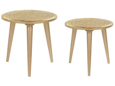 Wyld And Coco Set Of 2 Gold Distressed Carved Pattern Round Side Tables, Mango Wood, L46 X D46 X H45Cm - image 1