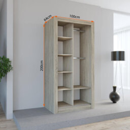 Fhif Dubai 100Cm Oak Sliding Door Wardrobe Modern Bedroom Storage With Full Length Mirror Shelves And Hanging Rails - thumbnail 2
