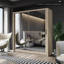 Fhif Dubai 100Cm Oak Sliding Door Wardrobe Modern Bedroom Storage With Full Length Mirror Shelves And Hanging Rails