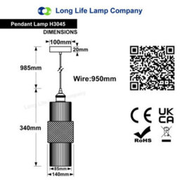 Long Life Lamps Company Modern Vintage Ceiling Pendant Lamp Shade Smoked Grey Cylindrical Glass H3045 - thumbnail 2