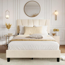 Platform Bed Frame,linen Upholstered Bed Frame With Headboard Beige - thumbnail 4