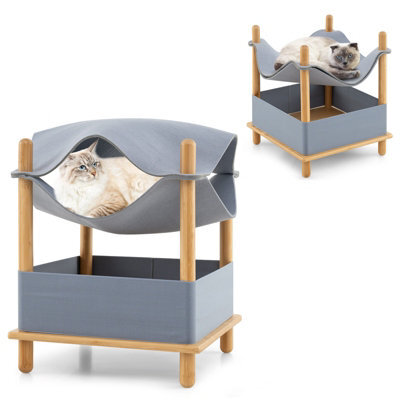 Costway 2-Tier Wooden Cat House Modern Cat Tree W/semi-Enclosed Condo-Gray - image 1