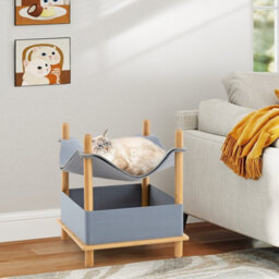 Costway 2-Tier Wooden Cat House Modern Cat Tree W/semi-Enclosed Condo-Gray - thumbnail 7
