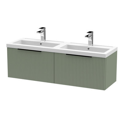 Balterley Fluted Front Wall Hung 2-Drawer Bathroom Vanity Unit With Double Basin, 1200mm, Satin Green, Black Handles - image 1