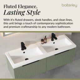Balterley Fluted Front Wall Hung 2-Drawer Bathroom Vanity Unit With Double Basin, 1200mm, Satin Green, Black Handles - thumbnail 4
